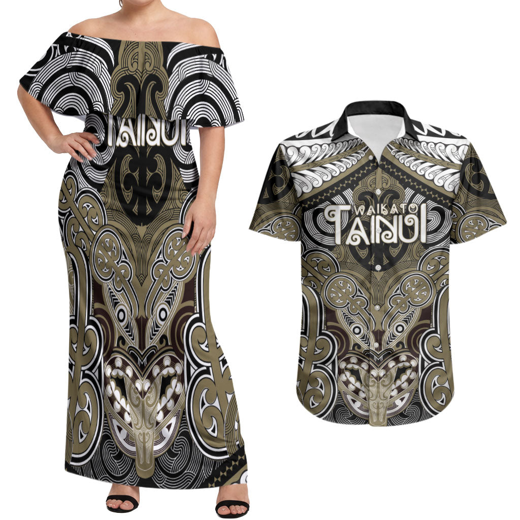 Aotearoa Iwi Waikato Tainui Personalised Couples Matching Off Shoulder Maxi Dress and Hawaiian Shirt Maori Kowhaiwhai Pattern