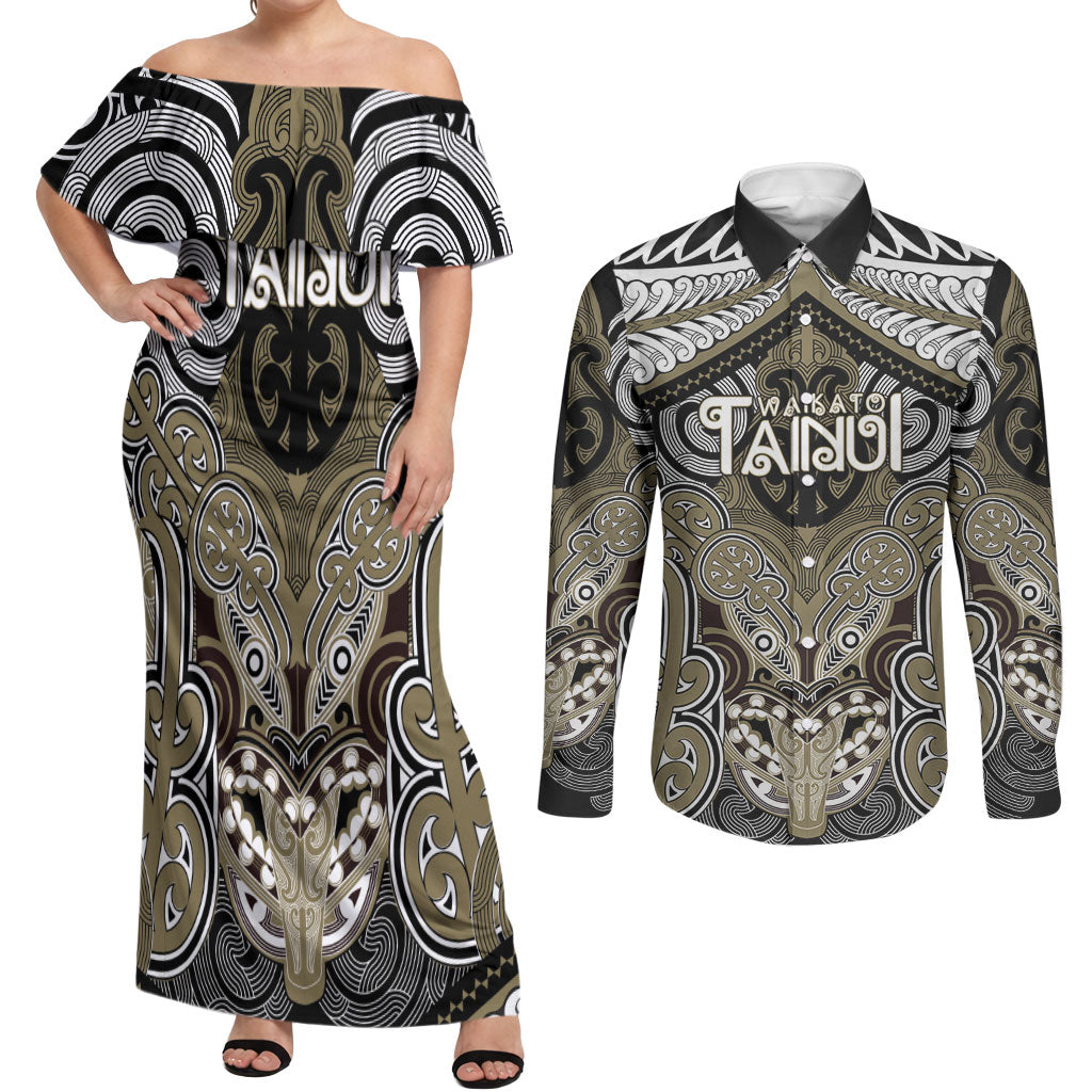Aotearoa Iwi Waikato Tainui Personalised Couples Matching Off Shoulder Maxi Dress and Long Sleeve Button Shirt Maori Kowhaiwhai Pattern