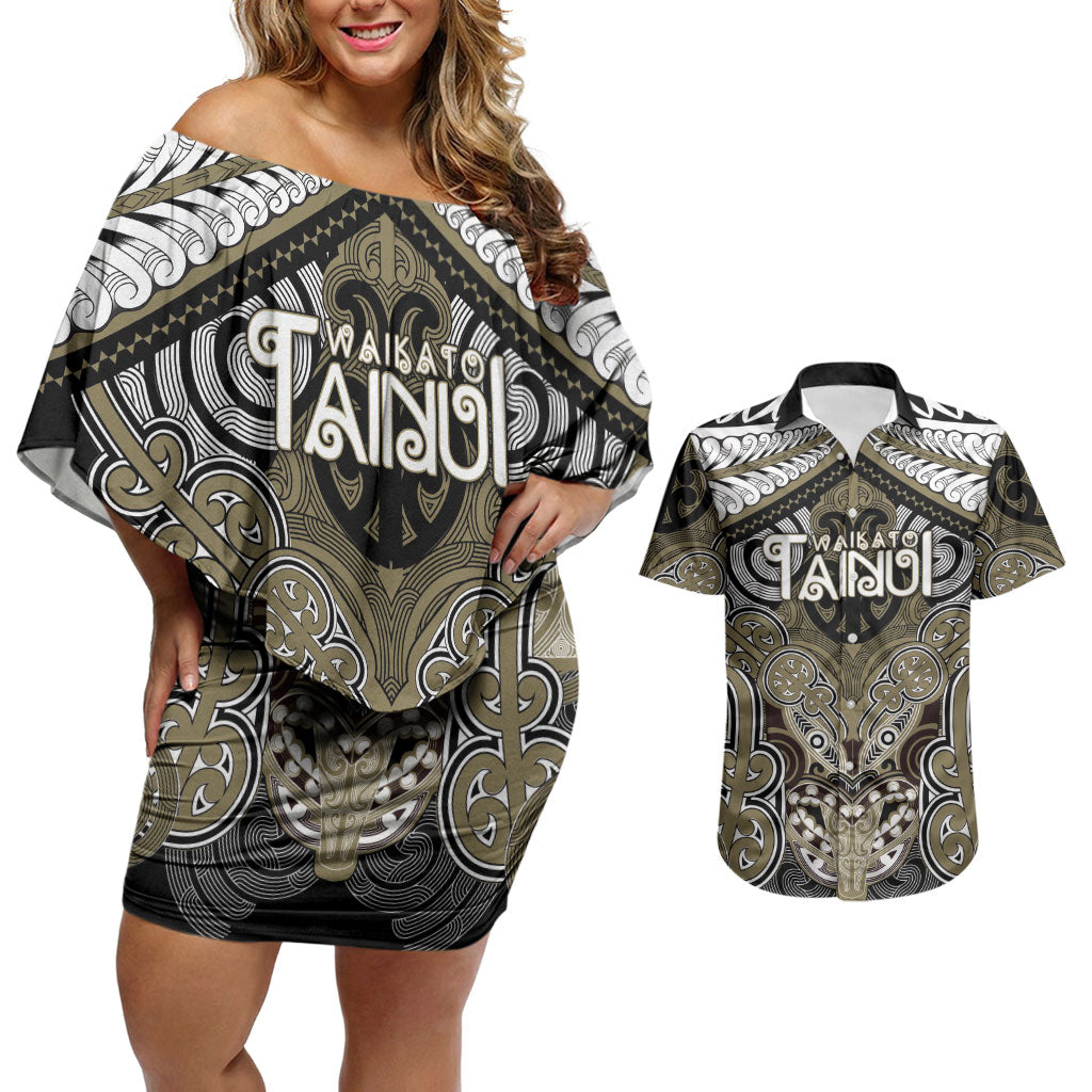 Aotearoa Iwi Waikato Tainui Personalised Couples Matching Off Shoulder Short Dress and Hawaiian Shirt Maori Kowhaiwhai Pattern