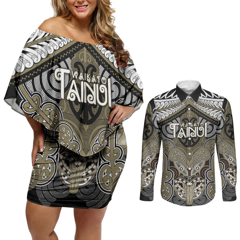 Aotearoa Iwi Waikato Tainui Personalised Couples Matching Off Shoulder Short Dress and Long Sleeve Button Shirt Maori Kowhaiwhai Pattern