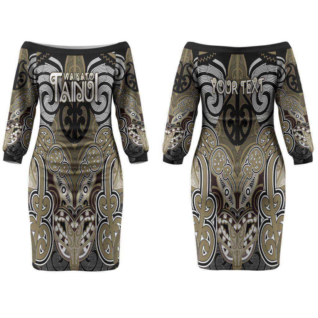 Aotearoa Iwi Waikato Tainui Personalised Couples Matching Off The Shoulder Long Sleeve Dress and Long Sleeve Button Shirt Maori Kowhaiwhai Pattern