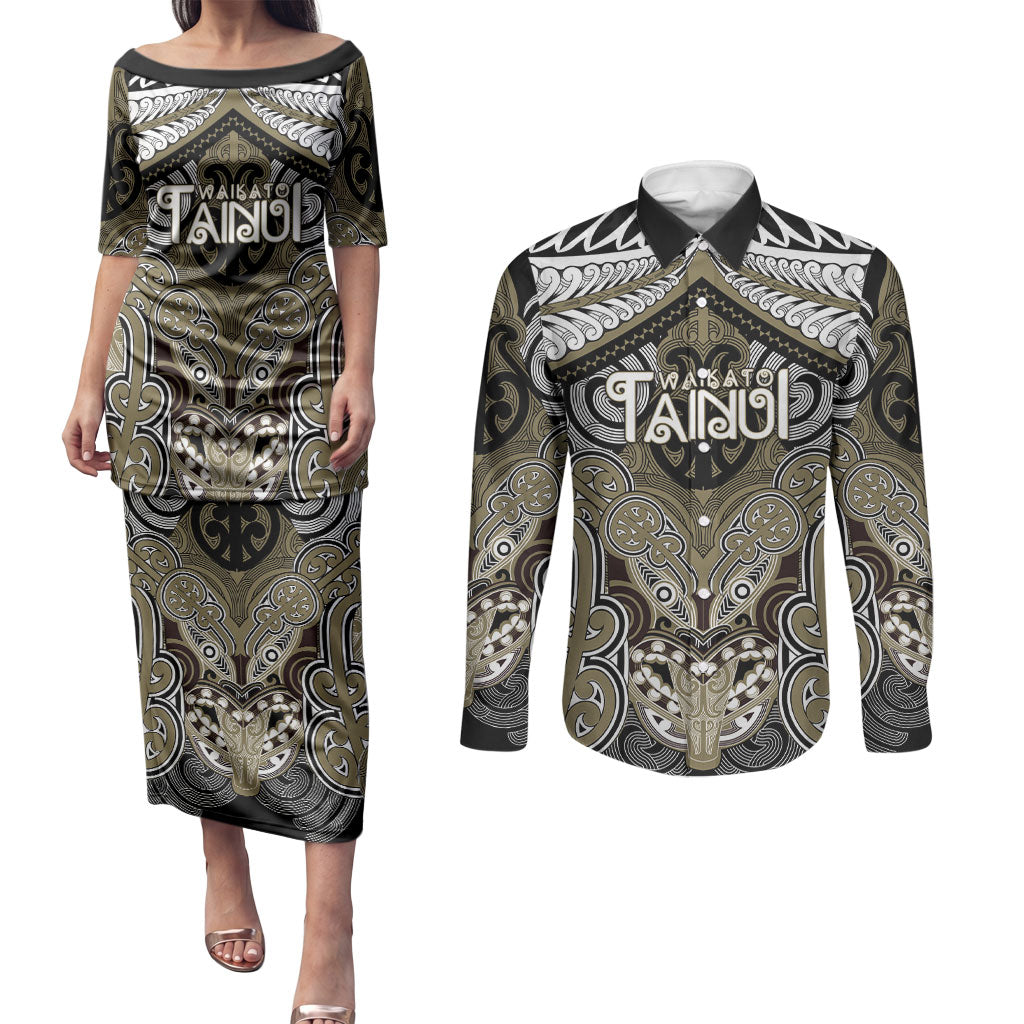 Aotearoa Iwi Waikato Tainui Personalised Couples Matching Puletasi and Long Sleeve Button Shirt Maori Kowhaiwhai Pattern