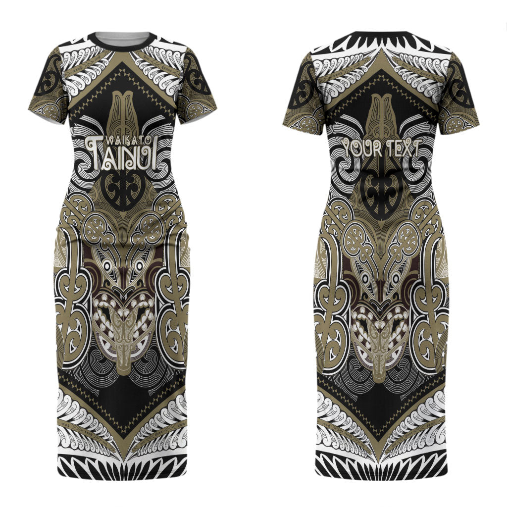 Aotearoa Iwi Waikato Tainui Personalised Couples Matching Short Sleeve Bodycon Dress and Hawaiian Shirt Maori Kowhaiwhai Pattern