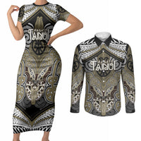 Aotearoa Iwi Waikato Tainui Personalised Couples Matching Short Sleeve Bodycon Dress and Long Sleeve Button Shirt Maori Kowhaiwhai Pattern