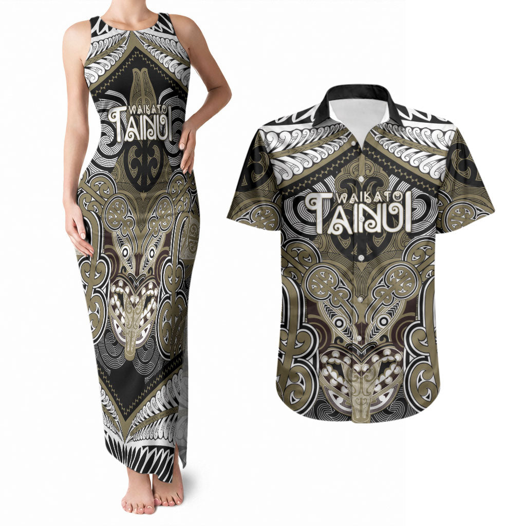 Aotearoa Iwi Waikato Tainui Personalised Couples Matching Tank Maxi Dress and Hawaiian Shirt Maori Kowhaiwhai Pattern