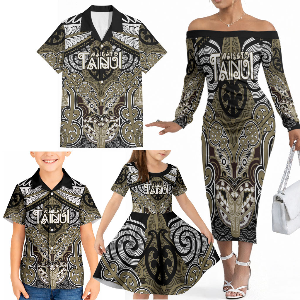 Aotearoa Iwi Waikato Tainui Personalised Family Matching Off The Shoulder Long Sleeve Dress and Hawaiian Shirt Maori Kowhaiwhai Pattern