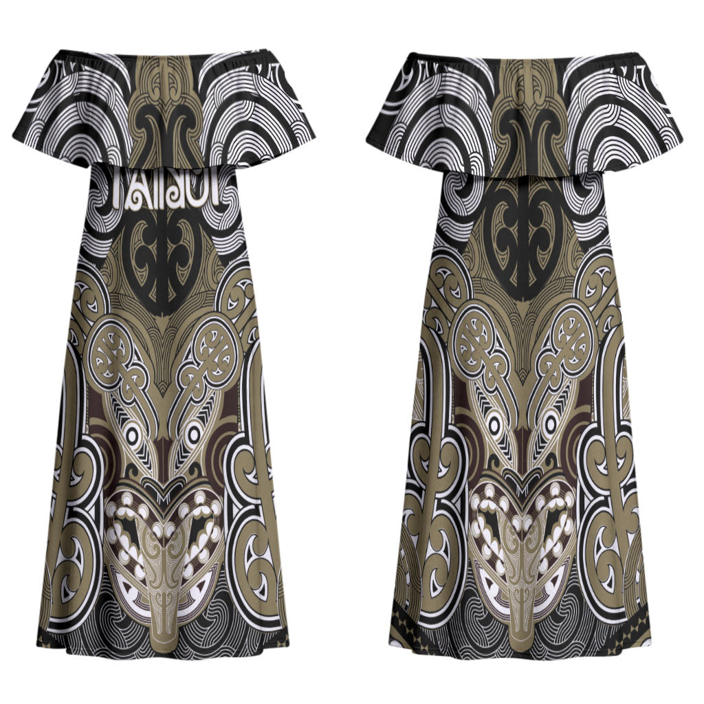 Aotearoa Iwi Waikato Tainui Personalised Family Matching Off Shoulder Maxi Dress and Hawaiian Shirt Maori Kowhaiwhai Pattern