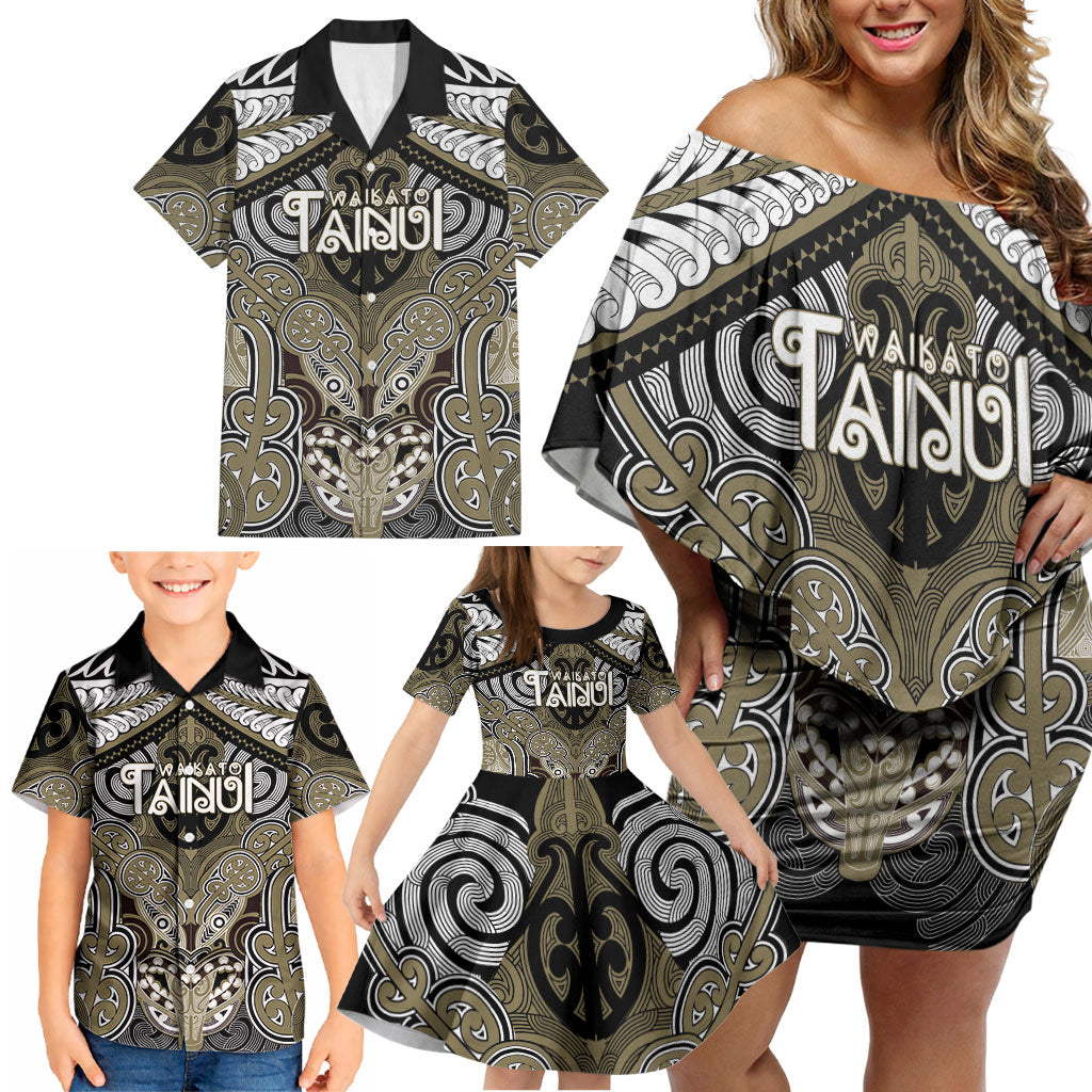 Aotearoa Iwi Waikato Tainui Personalised Family Matching Off Shoulder Short Dress and Hawaiian Shirt Maori Kowhaiwhai Pattern