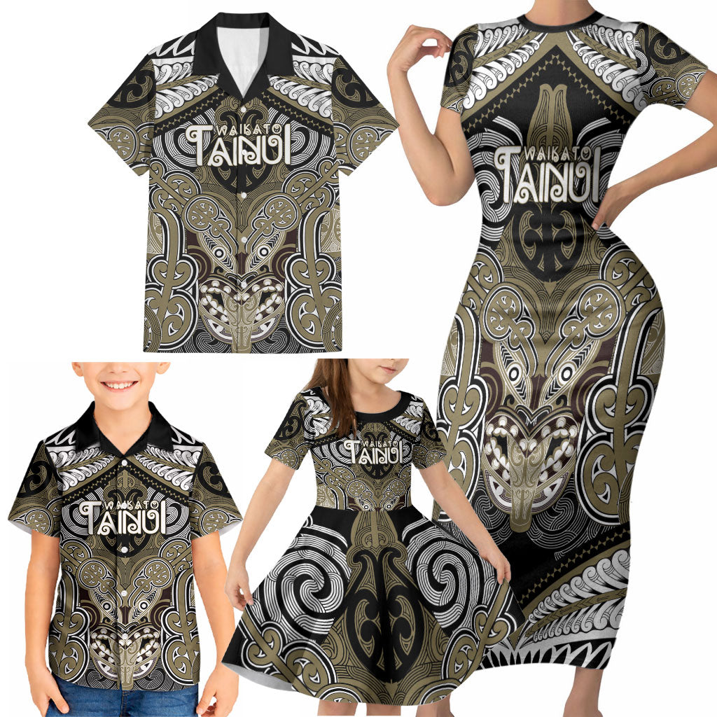 Aotearoa Iwi Waikato Tainui Personalised Family Matching Short Sleeve Bodycon Dress and Hawaiian Shirt Maori Kowhaiwhai Pattern