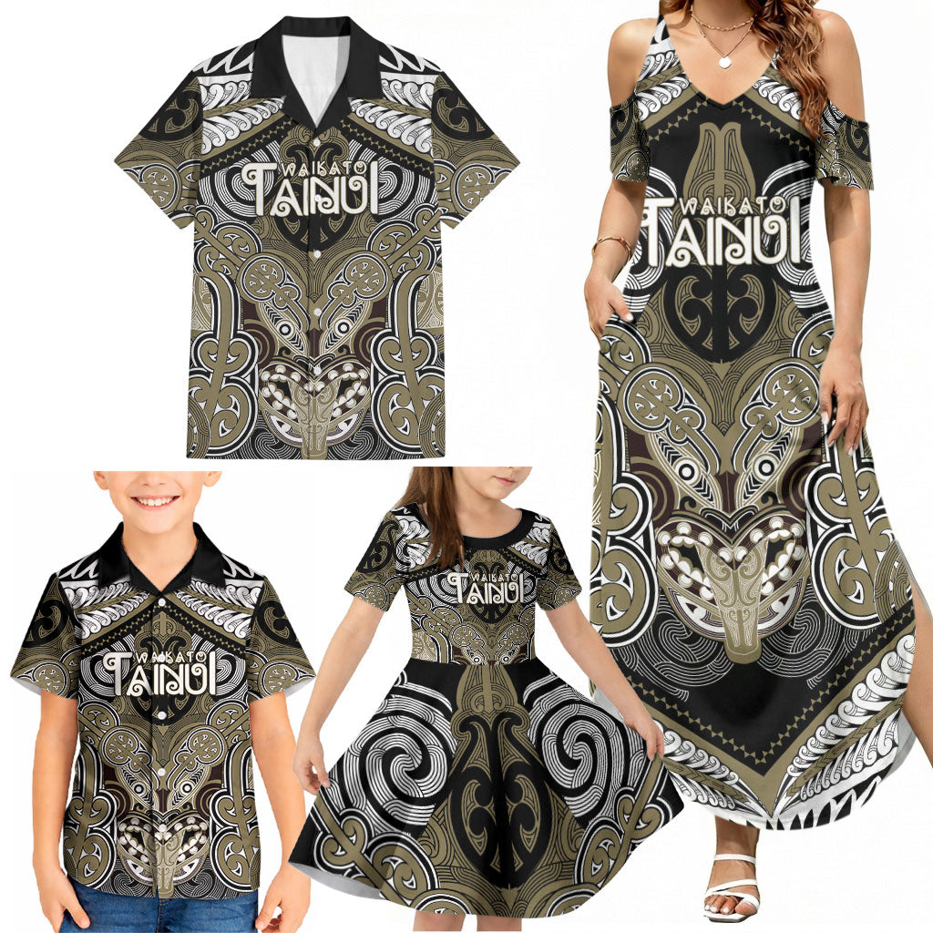 Aotearoa Iwi Waikato Tainui Personalised Family Matching Summer Maxi Dress and Hawaiian Shirt Maori Kowhaiwhai Pattern