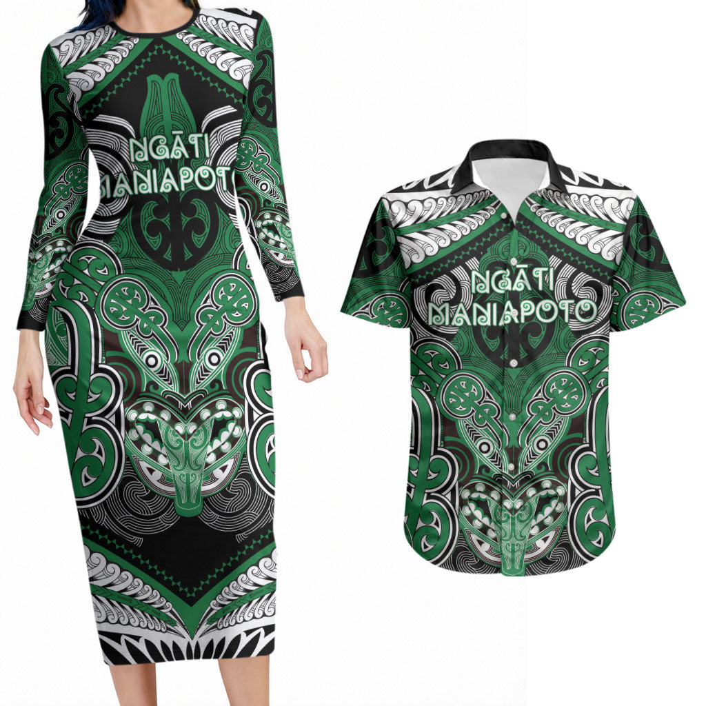 Aotearoa Iwi Ngati Maniapoto Personalised Couples Matching Long Sleeve Bodycon Dress and Hawaiian Shirt Maori Kowhaiwhai Pattern