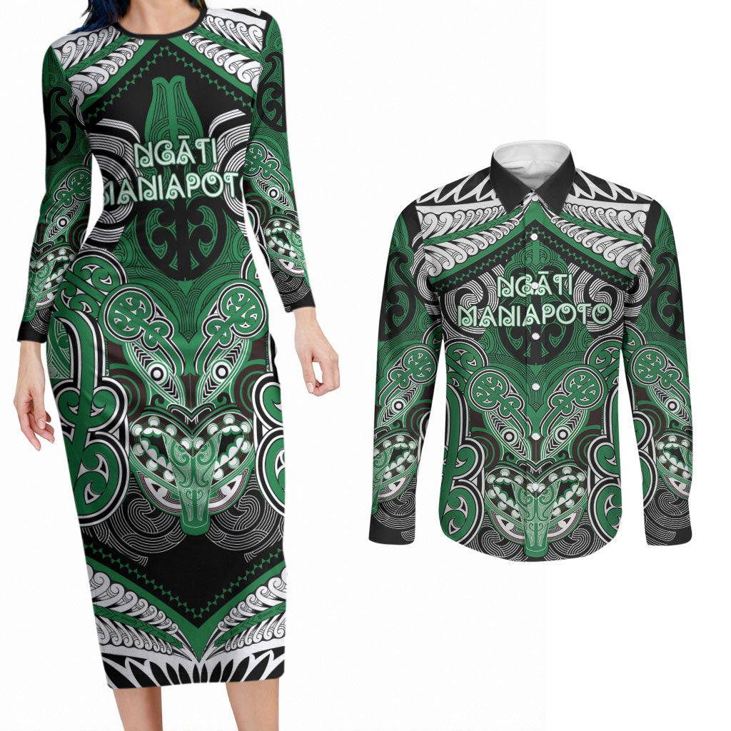 Aotearoa Iwi Ngati Maniapoto Personalised Couples Matching Long Sleeve Bodycon Dress and Long Sleeve Button Shirt Maori Kowhaiwhai Pattern