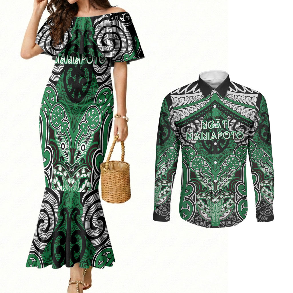 Aotearoa Iwi Ngati Maniapoto Personalised Couples Matching Mermaid Dress and Long Sleeve Button Shirt Maori Kowhaiwhai Pattern