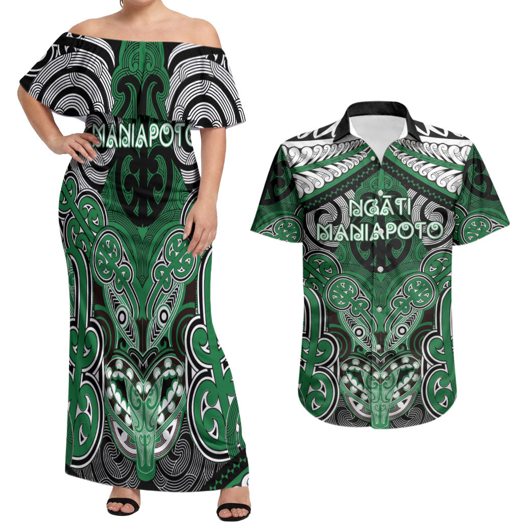 Aotearoa Iwi Ngati Maniapoto Personalised Couples Matching Off Shoulder Maxi Dress and Hawaiian Shirt Maori Kowhaiwhai Pattern