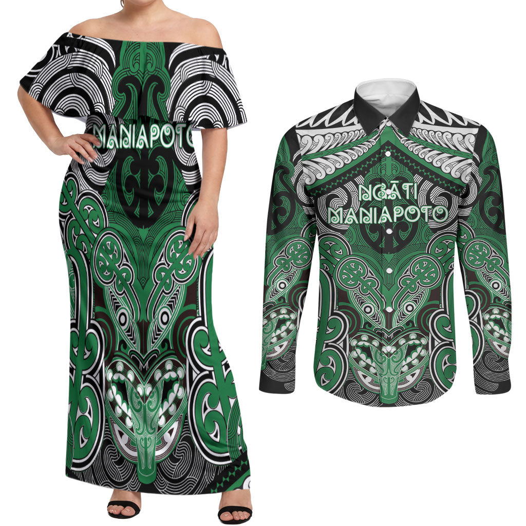 Aotearoa Iwi Ngati Maniapoto Personalised Couples Matching Off Shoulder Maxi Dress and Long Sleeve Button Shirt Maori Kowhaiwhai Pattern