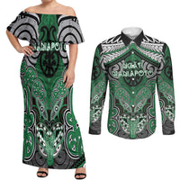 Aotearoa Iwi Ngati Maniapoto Personalised Couples Matching Off Shoulder Maxi Dress and Long Sleeve Button Shirt Maori Kowhaiwhai Pattern