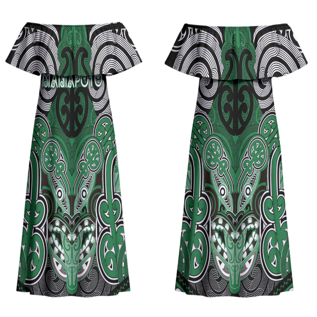 Aotearoa Iwi Ngati Maniapoto Personalised Couples Matching Off Shoulder Maxi Dress and Long Sleeve Button Shirt Maori Kowhaiwhai Pattern
