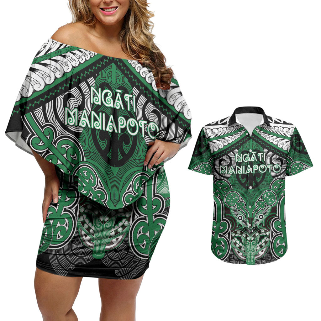 Aotearoa Iwi Ngati Maniapoto Personalised Couples Matching Off Shoulder Short Dress and Hawaiian Shirt Maori Kowhaiwhai Pattern