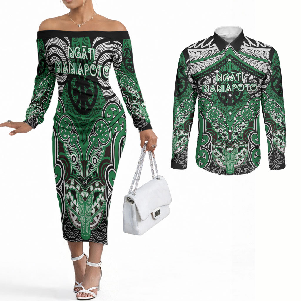 Aotearoa Iwi Ngati Maniapoto Personalised Couples Matching Off The Shoulder Long Sleeve Dress and Long Sleeve Button Shirt Maori Kowhaiwhai Pattern