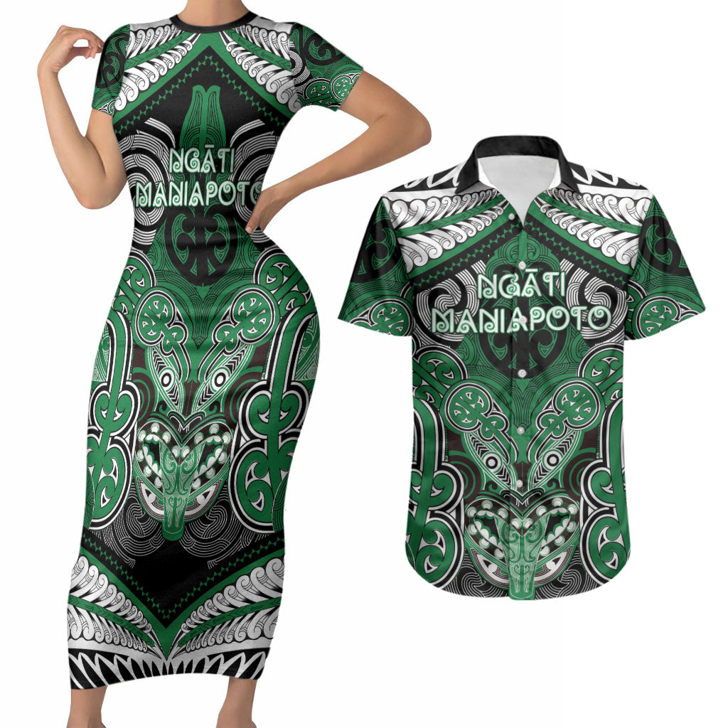 Aotearoa Iwi Ngati Maniapoto Personalised Couples Matching Short Sleeve Bodycon Dress and Hawaiian Shirt Maori Kowhaiwhai Pattern