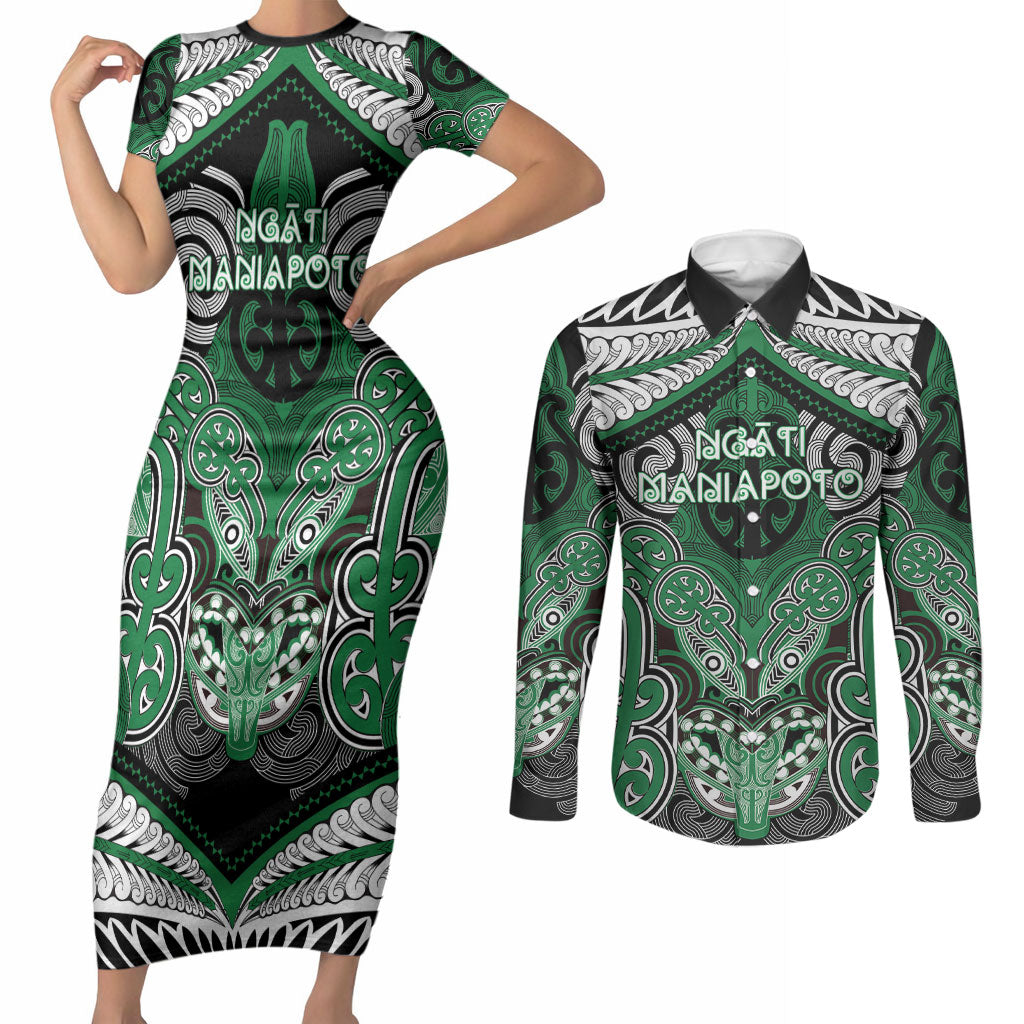 Aotearoa Iwi Ngati Maniapoto Personalised Couples Matching Short Sleeve Bodycon Dress and Long Sleeve Button Shirt Maori Kowhaiwhai Pattern