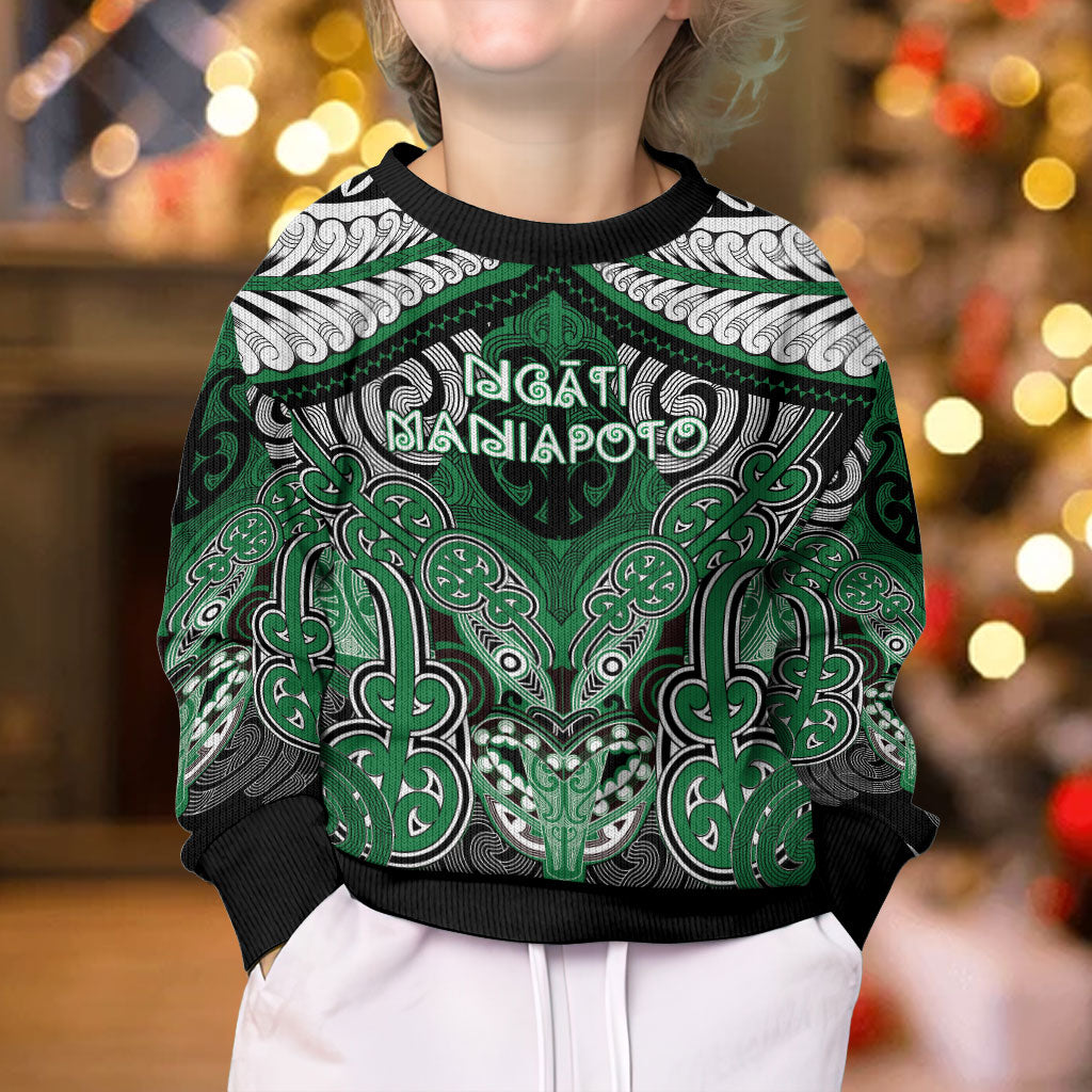 Aotearoa Iwi Ngati Maniapoto Personalised Kid Ugly Christmas Sweater Maori Kowhaiwhai Pattern