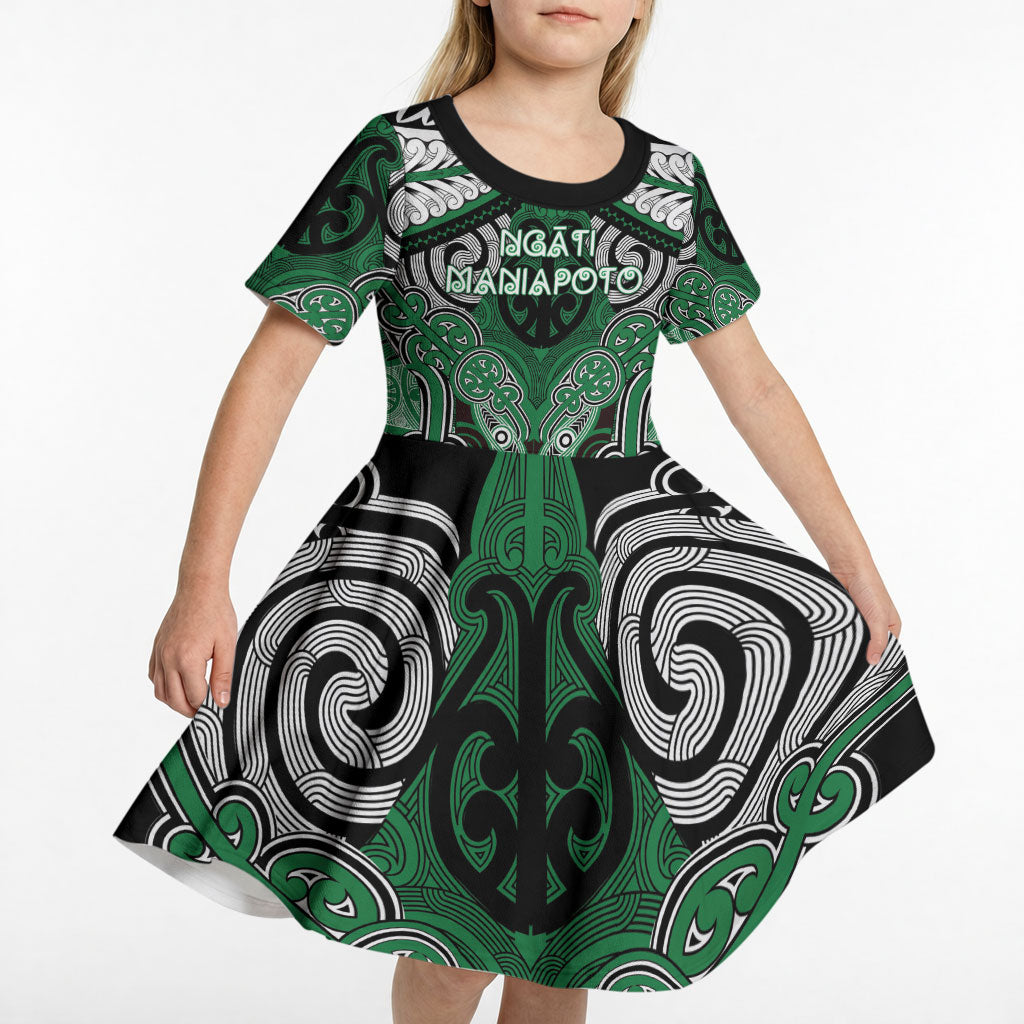 Aotearoa Iwi Ngati Maniapoto Personalised Kid Short Sleeve Dress Maori Kowhaiwhai Pattern