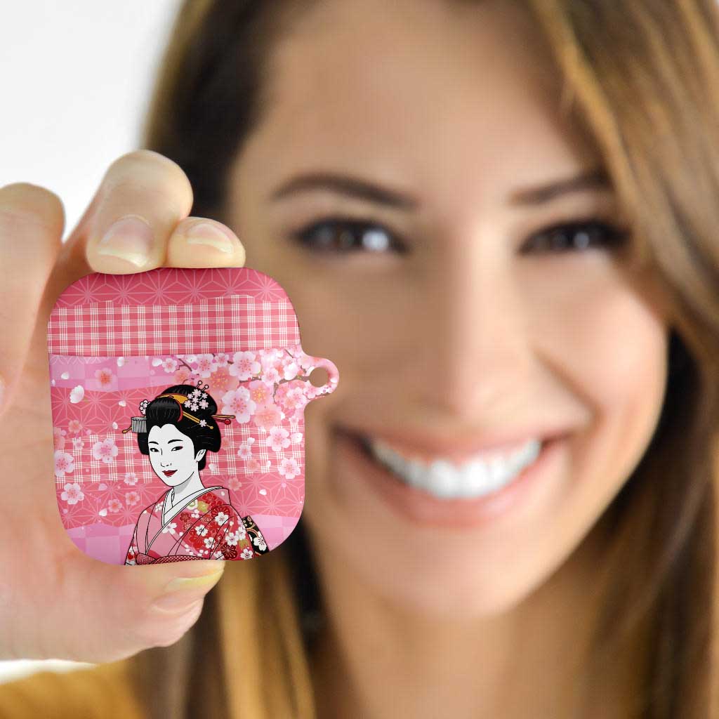 Japanese Geisha Cherry Blossom AirPods Case Pink Palaka Hawaii Pattern Fusion Design
