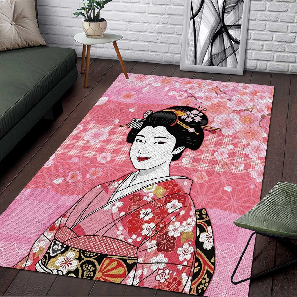 Japanese Geisha Cherry Blossom Area Rug Pink Palaka Hawaii Pattern Fusion Design