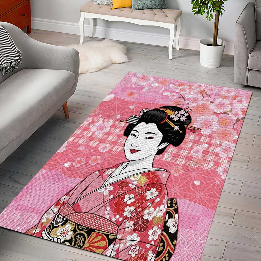 Japanese Geisha Cherry Blossom Area Rug Pink Palaka Hawaii Pattern Fusion Design