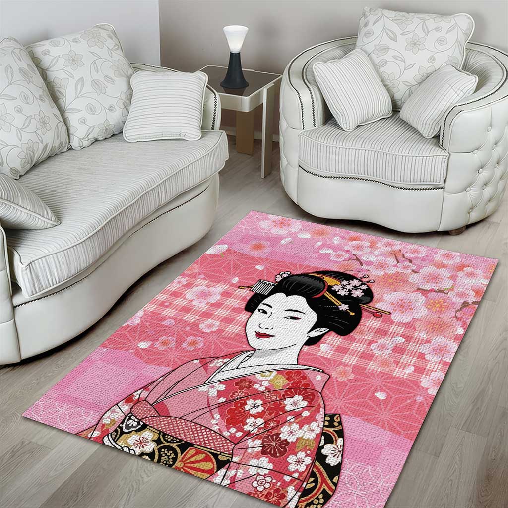 Japanese Geisha Cherry Blossom Area Rug Pink Palaka Hawaii Pattern Fusion Design