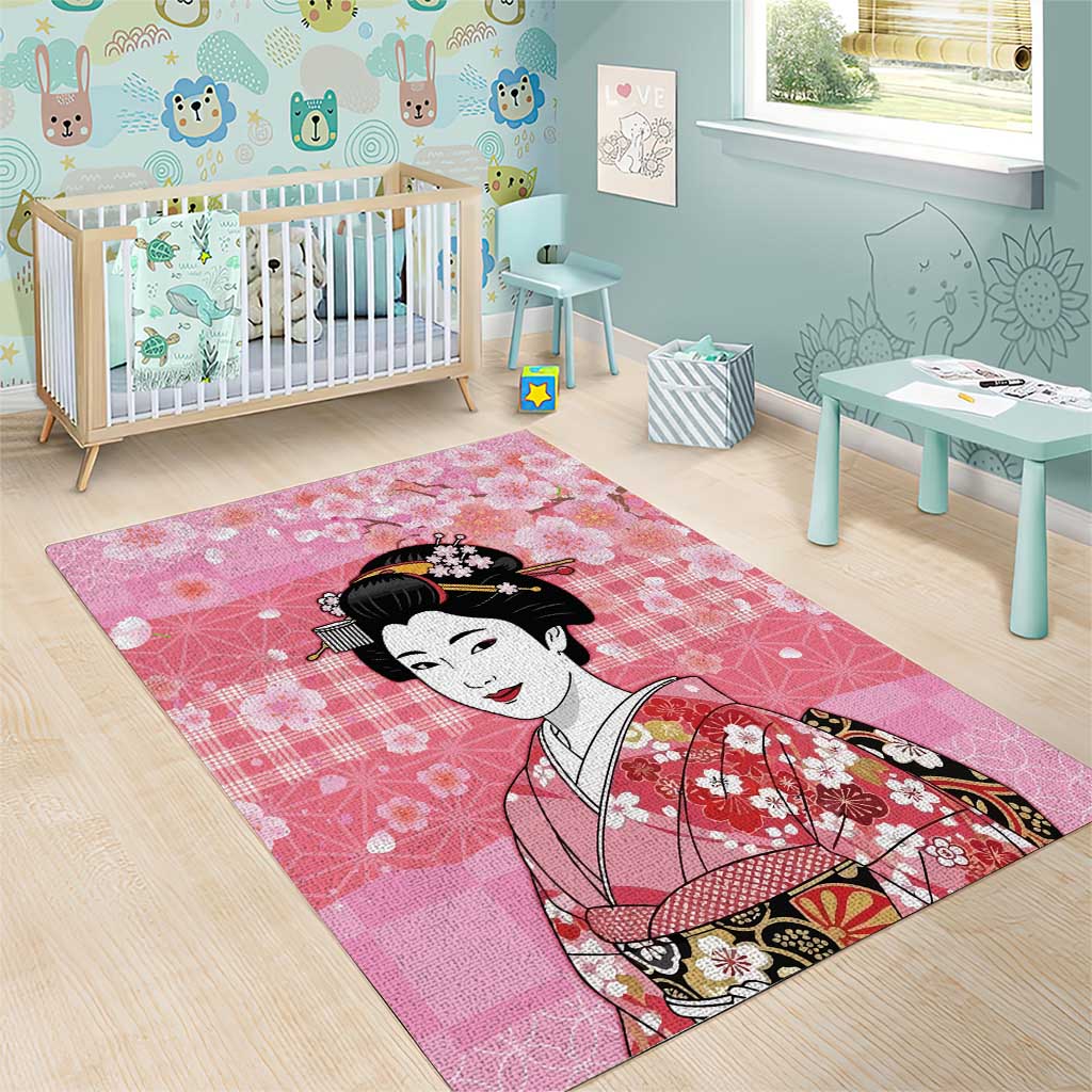 Japanese Geisha Cherry Blossom Area Rug Pink Palaka Hawaii Pattern Fusion Design