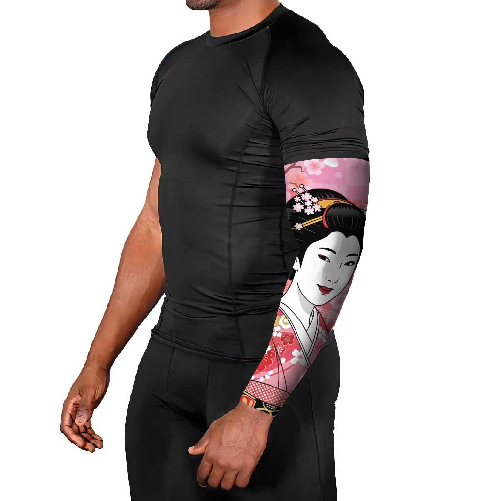 Japanese Geisha Cherry Blossom Arm Sleeves Pink Palaka Hawaii Pattern Fusion Design