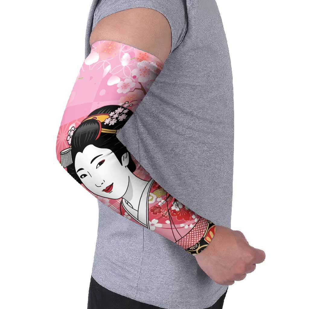 Japanese Geisha Cherry Blossom Arm Sleeves Pink Palaka Hawaii Pattern Fusion Design