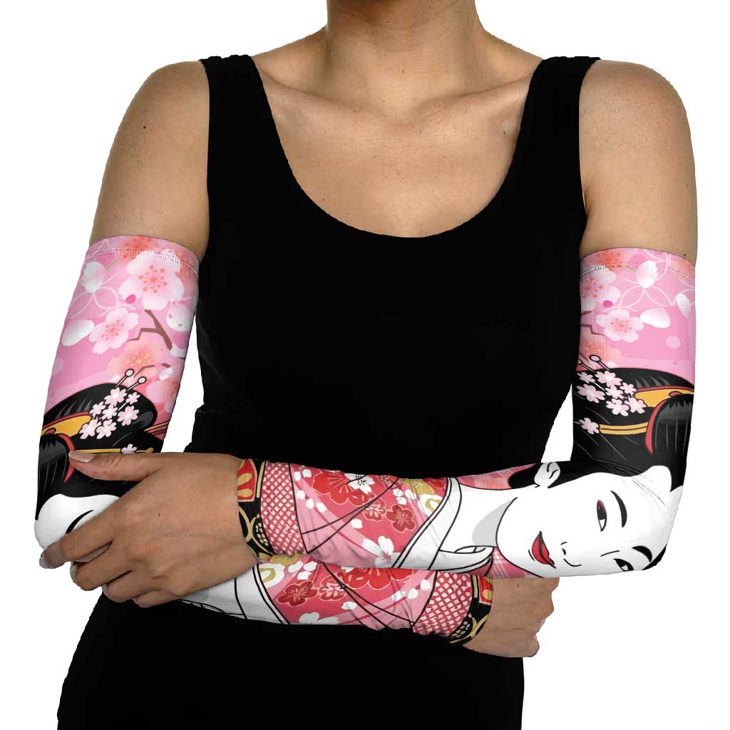 Japanese Geisha Cherry Blossom Arm Sleeves Pink Palaka Hawaii Pattern Fusion Design
