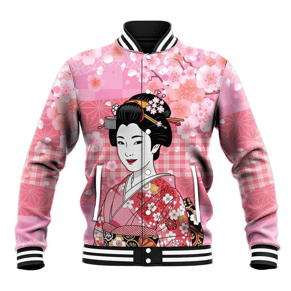 Japanese Geisha Cherry Blossom Baseball Jacket Pink Palaka Hawaii Pattern Fusion Design