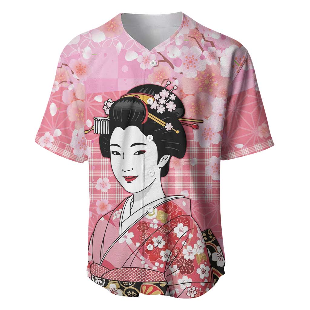 Japanese Geisha Cherry Blossom Baseball Jersey Pink Palaka Hawaii Pattern Fusion Design
