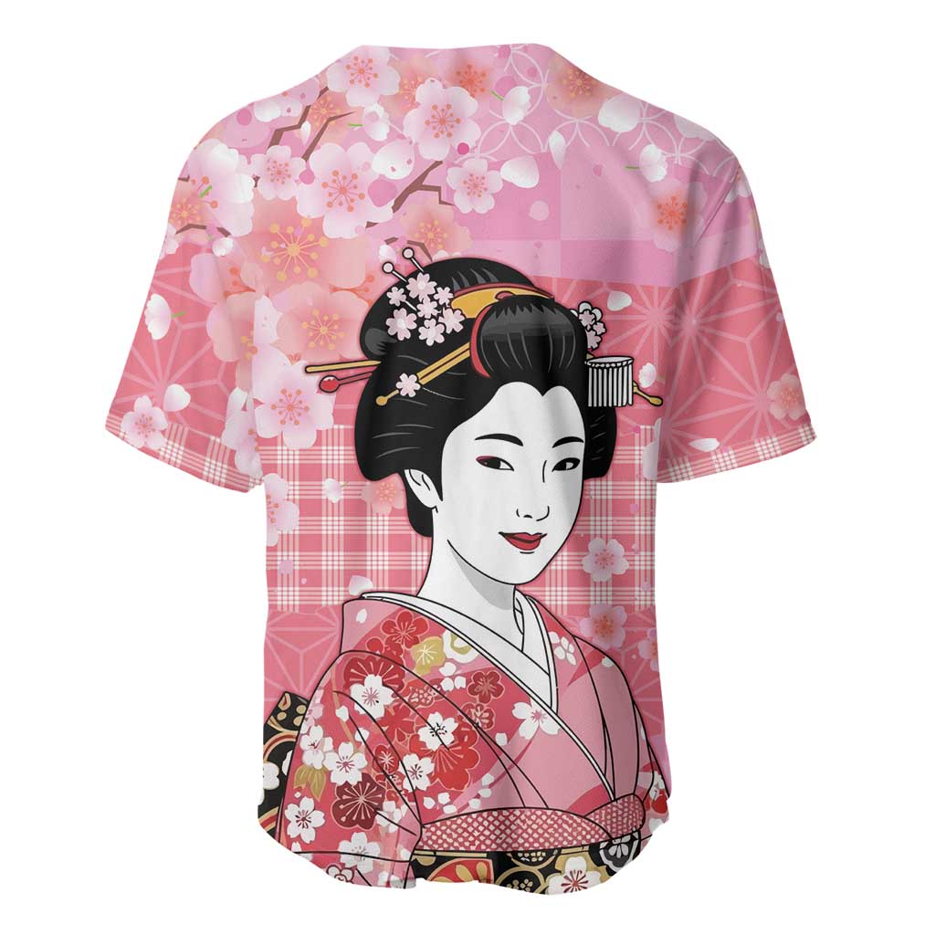 Japanese Geisha Cherry Blossom Baseball Jersey Pink Palaka Hawaii Pattern Fusion Design