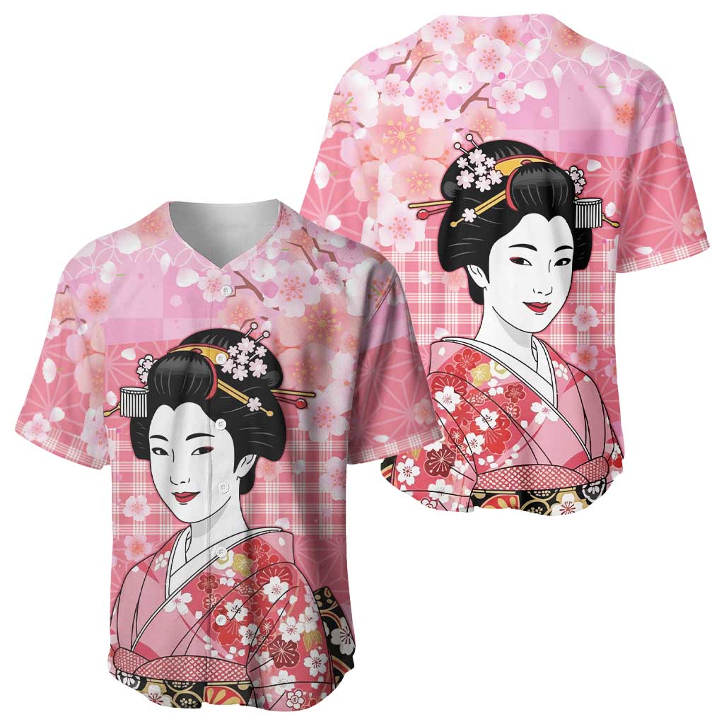 Japanese Geisha Cherry Blossom Baseball Jersey Pink Palaka Hawaii Pattern Fusion Design