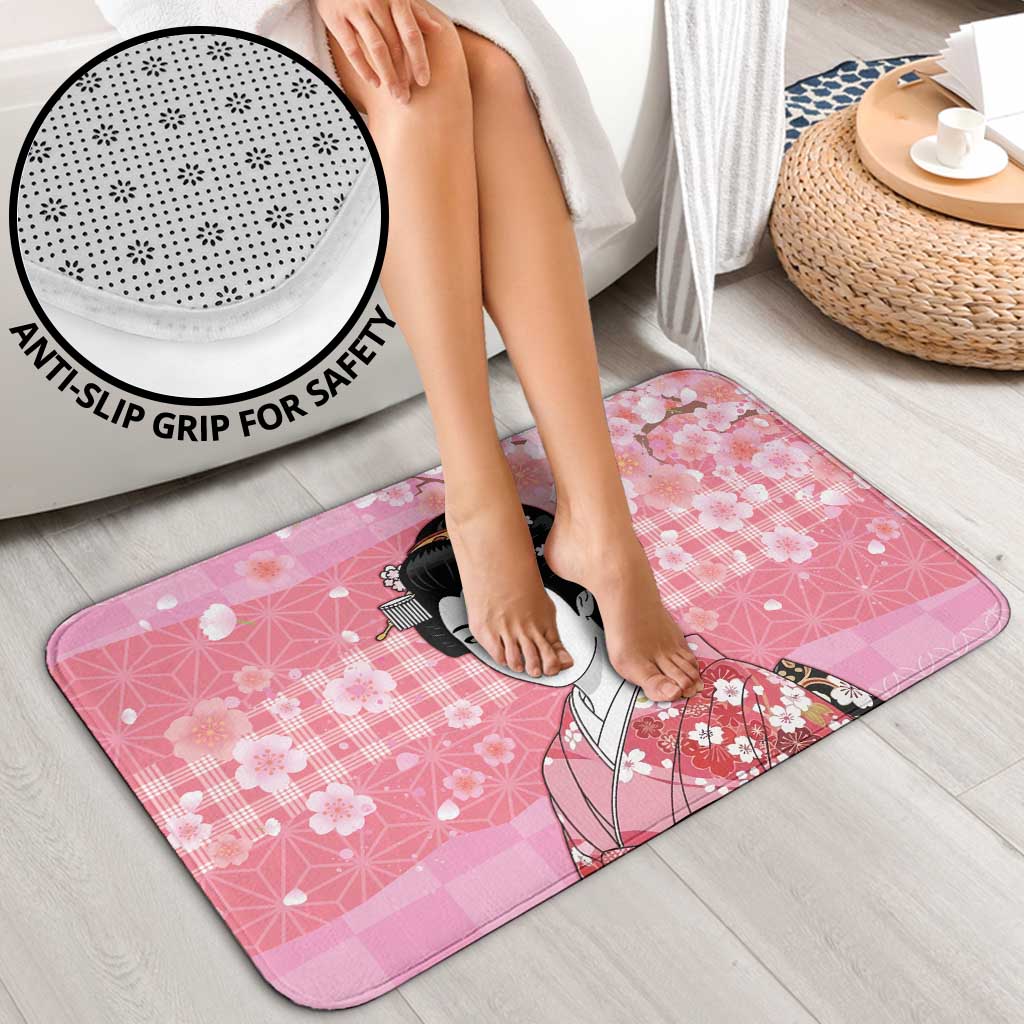 Japanese Geisha Cherry Blossom Bathroom Set Pink Palaka Hawaii Pattern Fusion Design