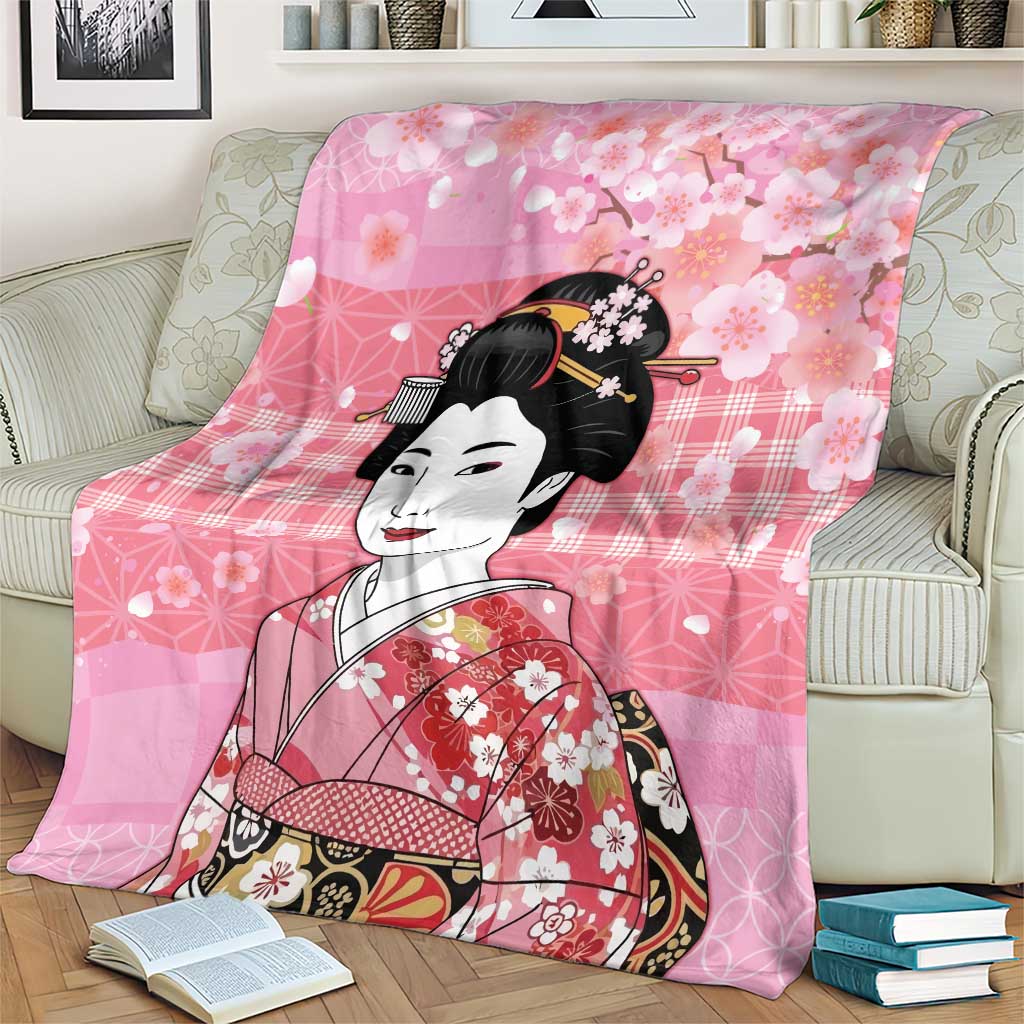 Japanese Geisha Cherry Blossom Blanket Pink Palaka Hawaii Pattern Fusion Design