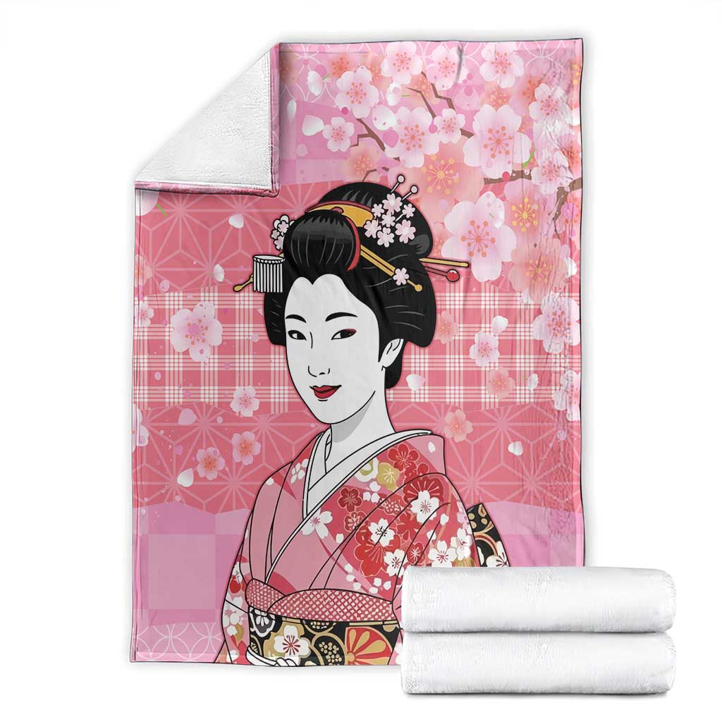 Japanese Geisha Cherry Blossom Blanket Pink Palaka Hawaii Pattern Fusion Design