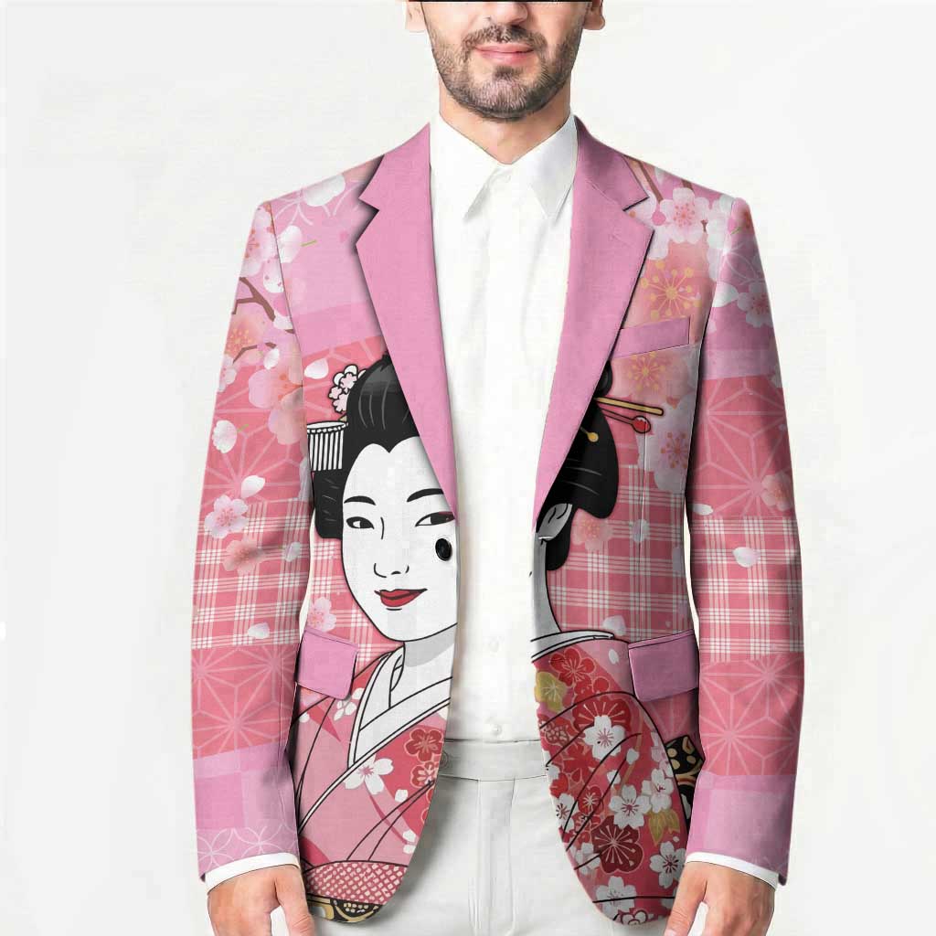 Japanese Geisha Cherry Blossom Blazer Pink Palaka Hawaii Pattern Fusion Design