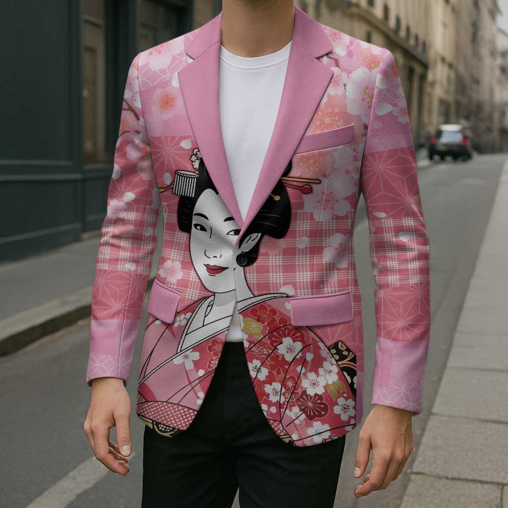 Japanese Geisha Cherry Blossom Blazer Pink Palaka Hawaii Pattern Fusion Design