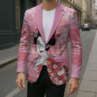 Japanese Geisha Cherry Blossom Blazer Pink Palaka Hawaii Pattern Fusion Design