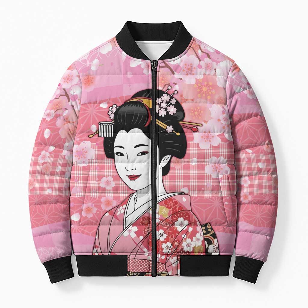 Japanese Geisha Cherry Blossom Bomber Puffer Jacket Pink Palaka Hawaii Pattern Fusion Design