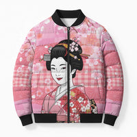 Japanese Geisha Cherry Blossom Bomber Puffer Jacket Pink Palaka Hawaii Pattern Fusion Design