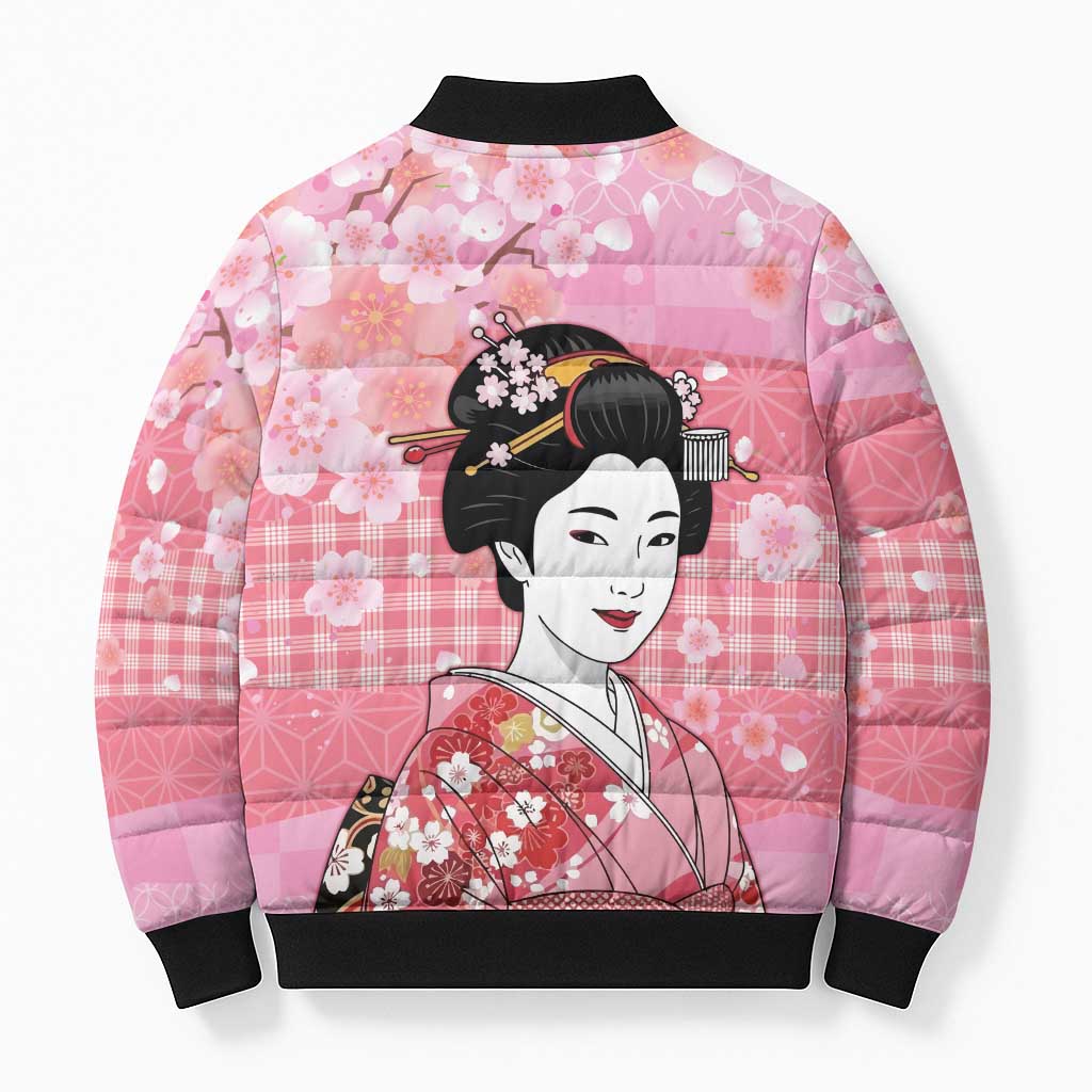 Japanese Geisha Cherry Blossom Bomber Puffer Jacket Pink Palaka Hawaii Pattern Fusion Design