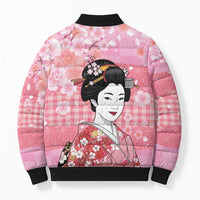 Japanese Geisha Cherry Blossom Bomber Puffer Jacket Pink Palaka Hawaii Pattern Fusion Design