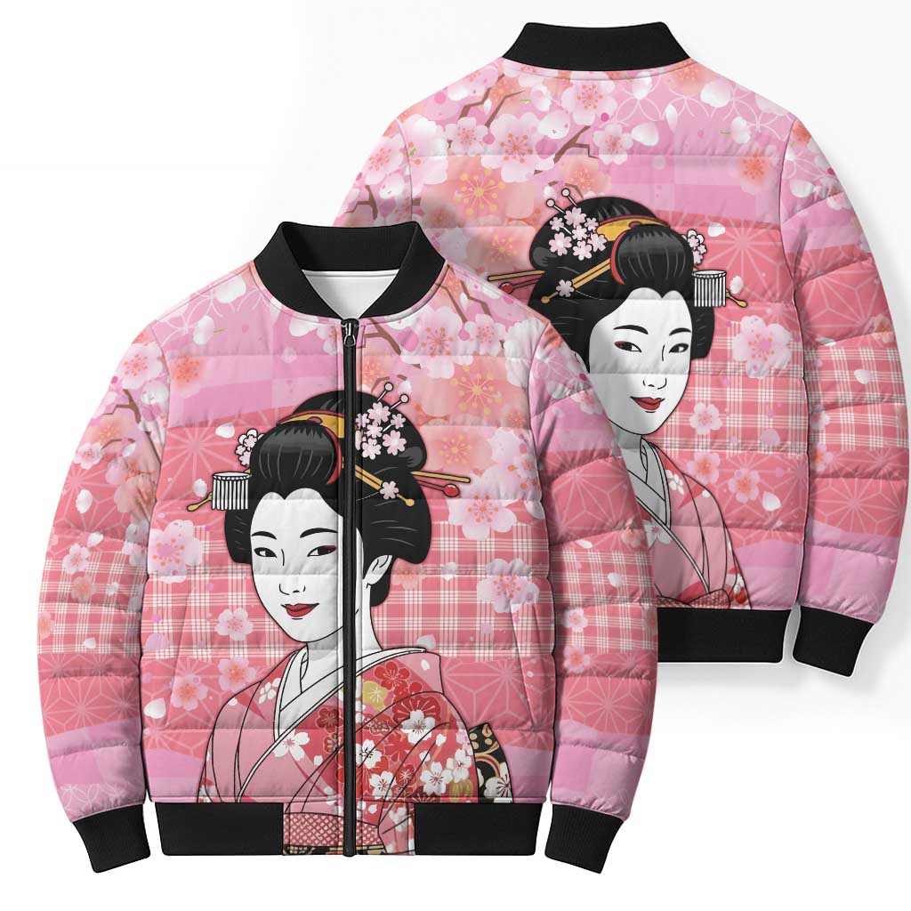 Japanese Geisha Cherry Blossom Bomber Puffer Jacket Pink Palaka Hawaii Pattern Fusion Design